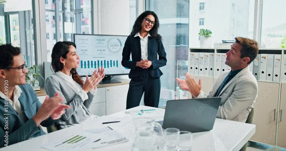 Happy, business people and meeting with applause for performance, profit or statistics at office. Group, analytics or employees clapping with smile for market growth, review or increase at workplace