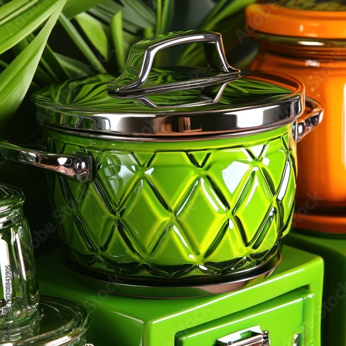 Vibrant green cooking pot with a diamond pattern, glossy finish and metallic accents