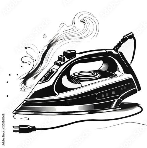 electric iron with steam black and white sketch vector ornament