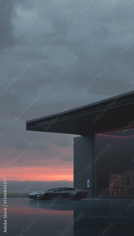 Fototapeta premium Futuristic electric car at charging station at sunset