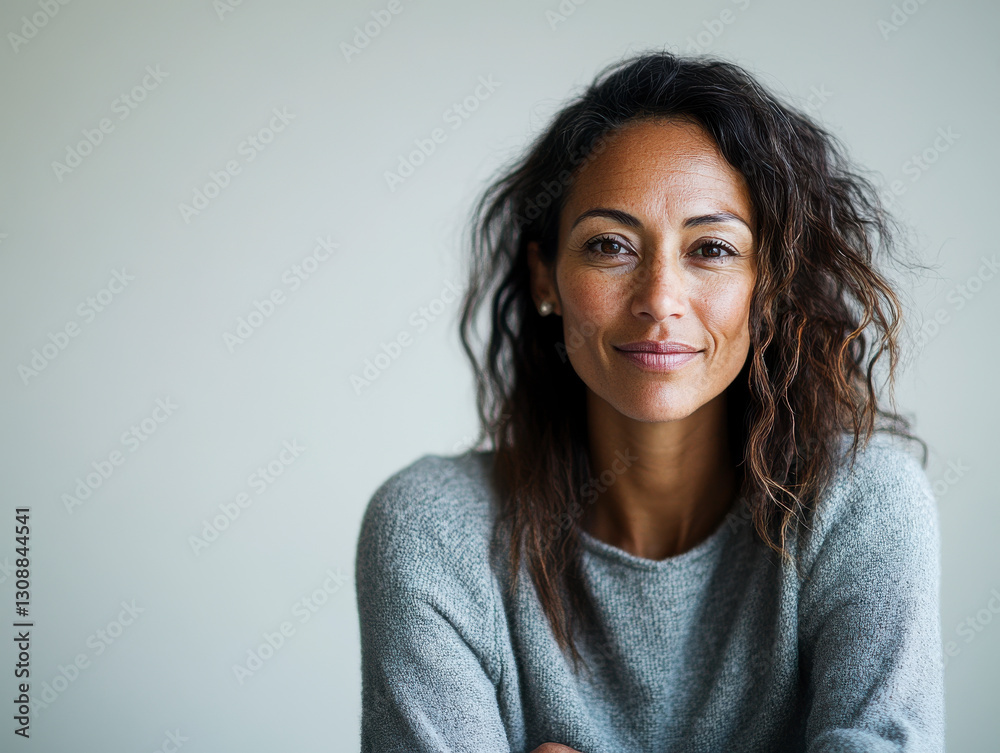 Smiling woman with wavy hair looking at the camera, warm and natural portrait. Smiling woman with wavy hair looking at the camera, warm and natural portrait.