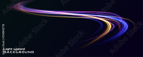High tech lines, studio product, future cyberspace concept. Neon Color Blurred Motion On Speedway. Acceleration speed motion on night road. 