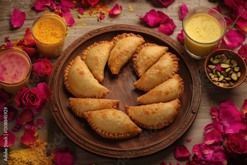 Golden Crispy Gujiya with Khoya Filling on Festive Holi Setup with Colors and Thandai