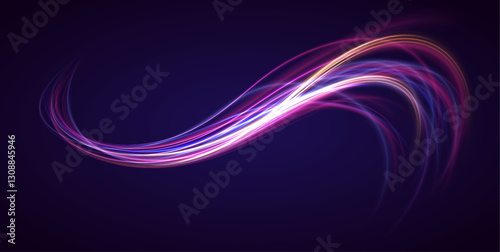 Vector dark blue abstract background with ultraviolet neon glow, blurry light lines, waves. Dynamic composition of bright lines forming lights path of speed movement, futuristic dark background.	