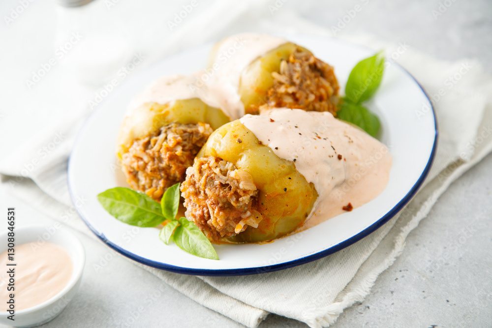 Stuffed peppers with beef, rice and sour cream sauce Stuffed peppers with beef, rice and sour cream sauce