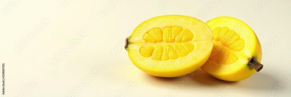Halved jackfruit, showing yellow flesh, isolated , nutrition, sweet, segmented Halved jackfruit, showing yellow flesh, isolated , nutrition, sweet, segmented