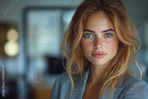 Wallpaper Mural Young woman with striking blue eyes and natural makeup poses in a stylish setting Torontodigital.ca