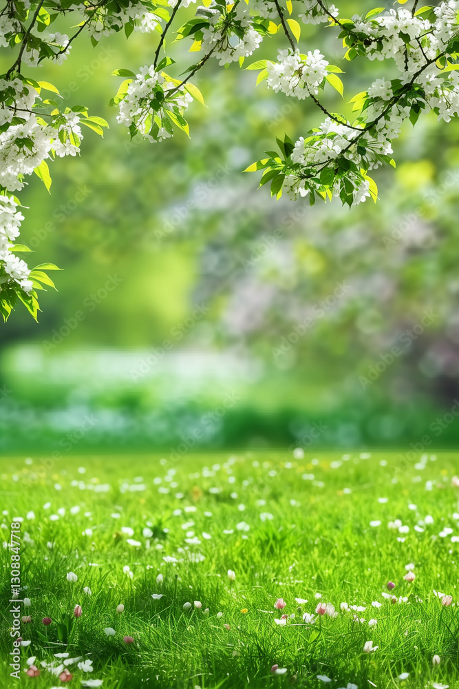 Obraz premium Vibrant spring background of green grass with white flowers and bokeh with copy space