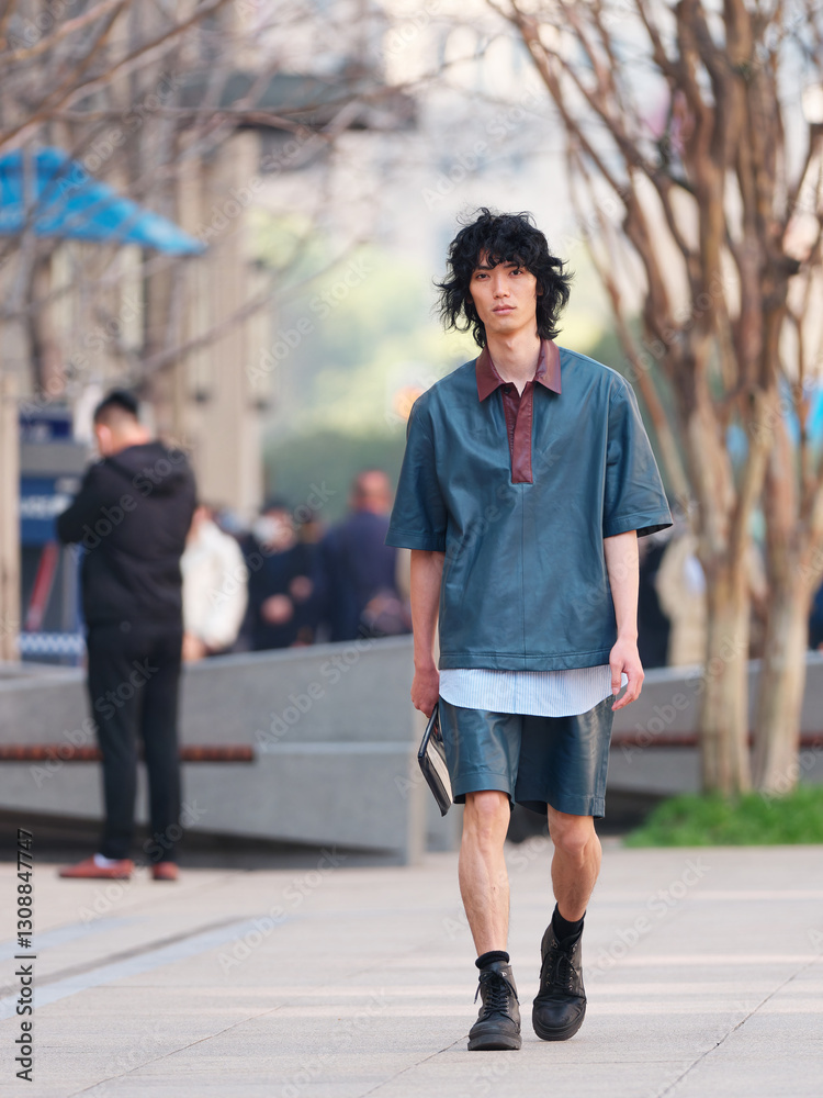 Obraz premium Portrait of handsome Chinese young man wearing short sleeved shirt and shorts posing in the street, young guy with black curly hair with urban background. male fashion, cool Asian young man lifestyle