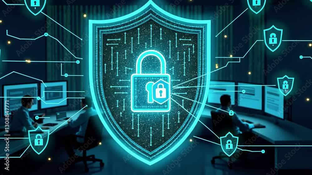 Digital security concept with shield and padlock, showcasing cybersecurity efforts in a modern office