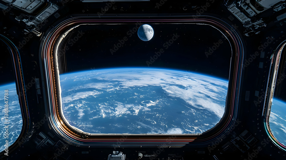 Naklejka premium View Of Earth And Moon Through A Spacecraft Window At Night Displaying Blue Planet And Stars