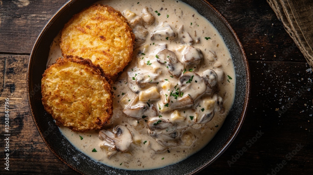 Zürcher Geschnetzeltes with creamy mushroom sauce and crispy potato rösti, a traditional Swiss dish served on a rustic plate, rich and comforting meal with fresh herbs on a wooden table Zürcher Geschnetzeltes with creamy mushroom sauce and crispy potato rösti, a traditional Swiss dish served on a rustic plate, rich and comforting meal with fresh herbs on a wooden table