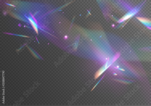 Ethereal Lens rainbow light streak transparent effect. Crystal Rainbow Light Effects. Overlay for backgrounds. Abstract refraction glow effect on black background.	