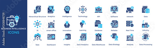 business intelligence icon set. with icon Hierarchical Structure, Analytics, intelligence, Technology, API