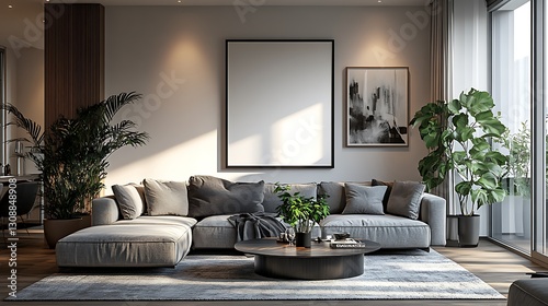 A modern living room with a light gray sofa, a coffee table, and wooden kitchen cabinets in the background. There is an empty poster frame on one wall. The floor has beige parquet flooring.