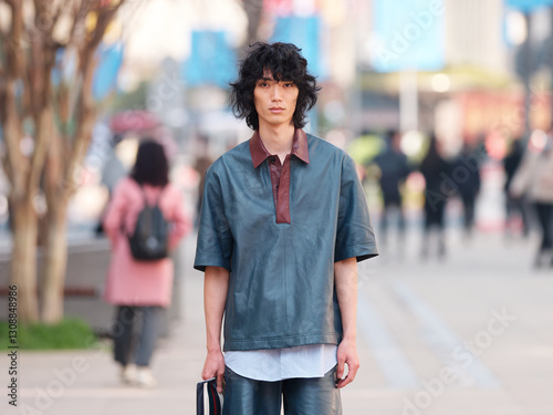 Portrait of handsome Chinese young man wearing short sleeved shirt and shorts posing in the street, young guy with black curly hair with urban background. male fashion, cool Asian young man lifestyle
