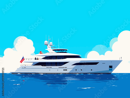  luxury yacht appears and that it takes up a large part of the back screen, I don't want there to be too many small elements capturing attention, daylight, clear blue sky