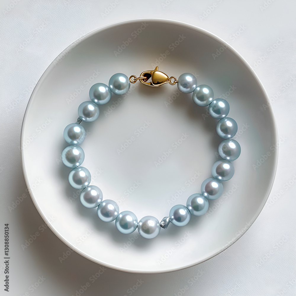 Delicate light blue pearl bracelet with a gold clasp, resting gracefully in a small white ceramic bowl. Delicate light blue pearl bracelet with a gold clasp, resting gracefully in a small white ceramic bowl.