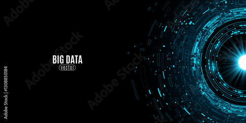 Glowing Digital Circle with decaying data fragments and bright projector on blue dark backdrop with dotted halftone effect. Futuristic FinTech banner. UI and GUI design. Vector illustration. EPS 10