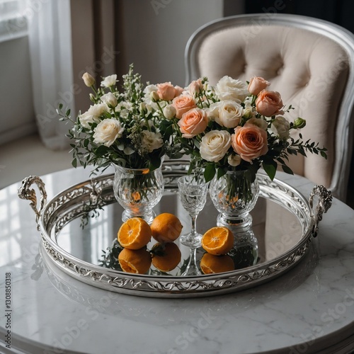 A luxurious silver-plated serving tray with elegant handles, decorated with fresh flowers.