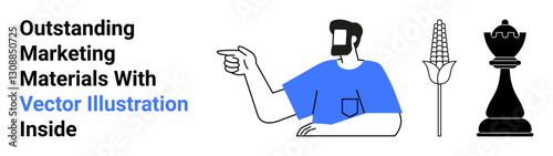 Male figure pointing, corn stalk, and chess rook symbolizing strategy, agriculture, business growth, and decision-making. Ideal for marketing, leadership, farming planning success education flat