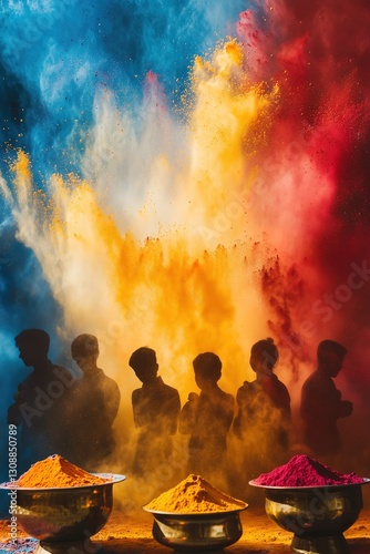 Vibrant Holi Festival Banner with Colorful Gulal Explosion and Celebratory Silhouettes in the Background