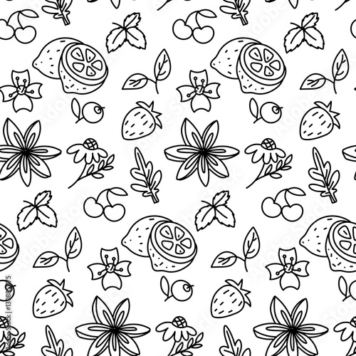 Pattern tea doodle tea flavors. Seamless natural additives. Lemon, cherry, chamomile, blueberry, jasmine. Flowers, berries, leaves. Ideal for health-focused brands, stores, and wellness content.