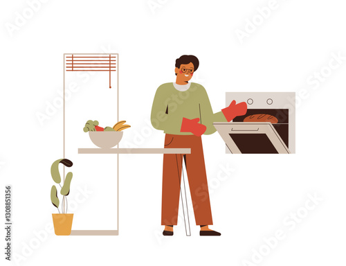 Man baking sourdough bread in the domestic kitchen. young Male takes fresh baguette out of the electric oven. Healthy food and cooking at home. vector illustration