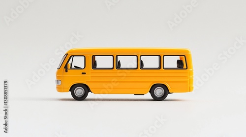Yellow toy bus studio shot, side view, white background, transport