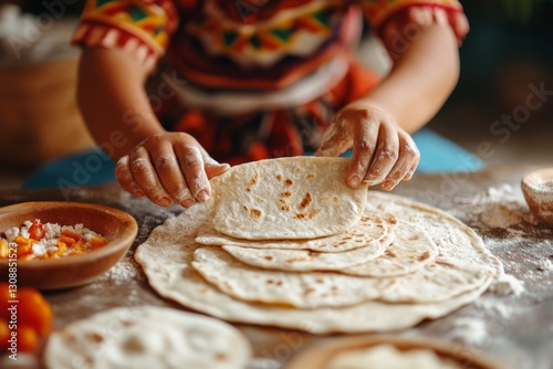A mother teaching her children how to make traditional tortillas at home as part of a cultural heritage activity