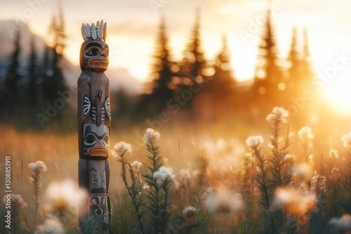 A nature scene featuring a Native American totem pole standing tall among evergreen trees, bathed in golden sunlight