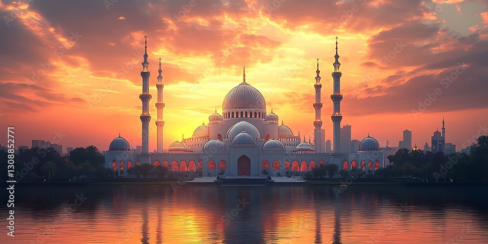Obraz premium Mosque Silhouette at Sunset Reflecting on Water