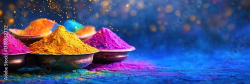 Vibrant Holi Color Powders in Bowls on Deep Blue Background for Festive Celebration Banners