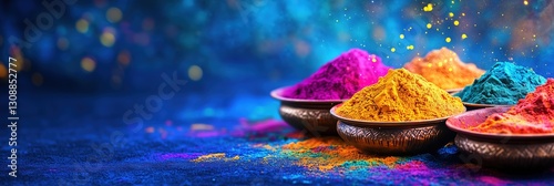 Vibrant Holi Color Powders in Bowls on Deep Blue Background for Festive Celebration Banners
