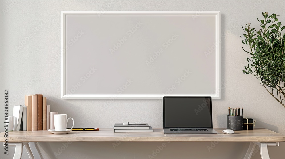 A white rectangular frame above a modern home office desk, surrounded by a laptop, coffee mug, and a few books HD 8K white mockup wallpaper Photographic Image
A white rectangular frame above a modern home office desk, surrounded by a laptop, coffee mug, and a few books HD 8K white mockup wallpaper Photographic Image
