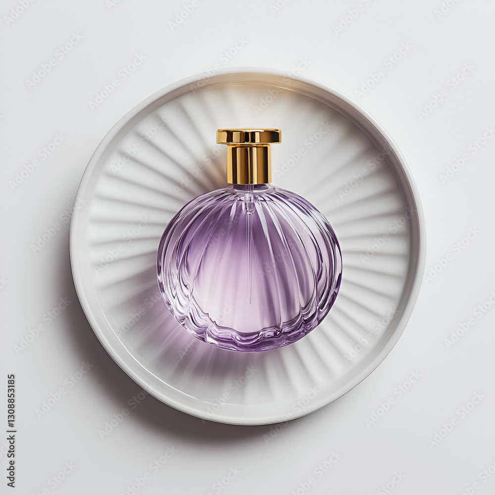 Obraz premium Elegant perfume bottle in a round, fluted glass with a golden cap, resting on a white decorative plate.