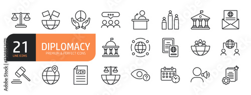 Set of line icons related to diplomacy and more. Outline icons collection. Editable stroke. Vector illustration.