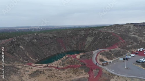 aerial footage of kerid rainwater crater lake in iceland