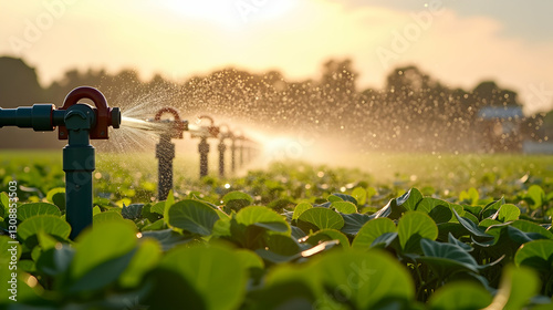 A tranquil scene of irrigation in a lush green field at sunset, with sprinklers spraying water on vibrant crops under a golden sky.