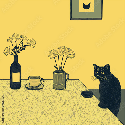 A dining table in the living room with a bottle of flowers, a cat, a tea set, a mug, vintage, line art,