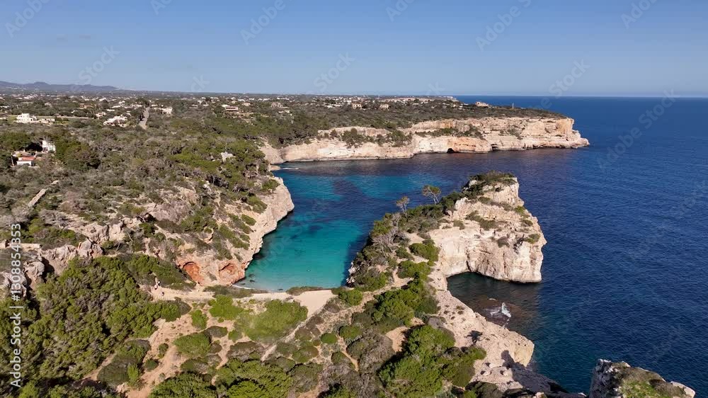 Drone shot of beautiful Caló del Moro beach with crystal clear water on Mallorca Drone shot of beautiful Caló del Moro beach with crystal clear water on Mallorca