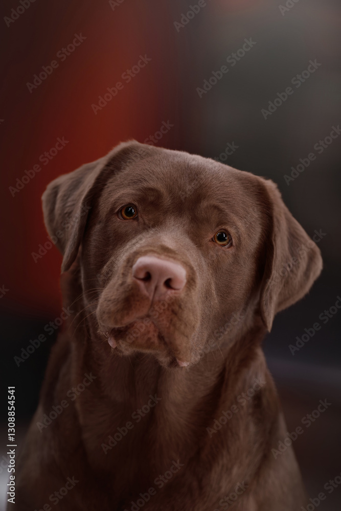 young chocolate labrador retriever dog outdoor portrait in front of red office buildings young chocolate labrador retriever dog outdoor portrait in front of red office buildings
