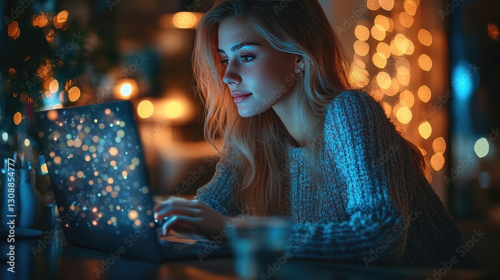 A woman sits at a desk in a modern office at night, illuminated by the glow of her laptop and a nearby lamp. A woman sits at a desk in a modern office at night, illuminated by the glow of her laptop and a nearby lamp.