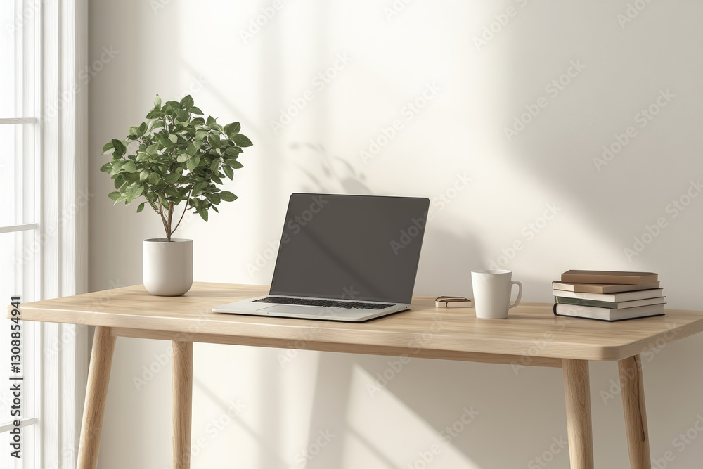 modern workspace featuring wooden desk, laptop, books, and potted plant, creating serene and productive atmosphere modern workspace featuring wooden desk, laptop, books, and potted plant, creating serene and productive atmosphere