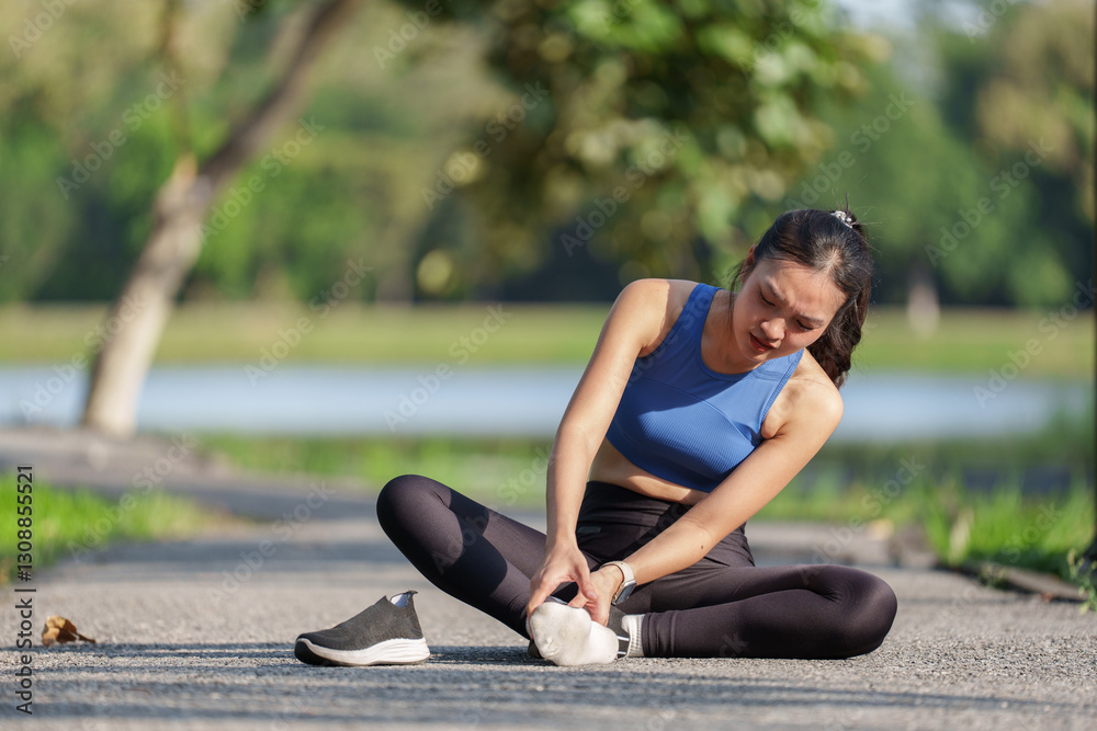 Fototapeta premium Asian female athlete suffering from foot and ankle pain after running and exercising in a park, she's sitting on the ground and touching her injured foot