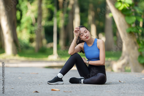 Young asian sportswoman wearing blue top and black leggings touching her forehead while sitting on the ground in a park and resting after an intense workout