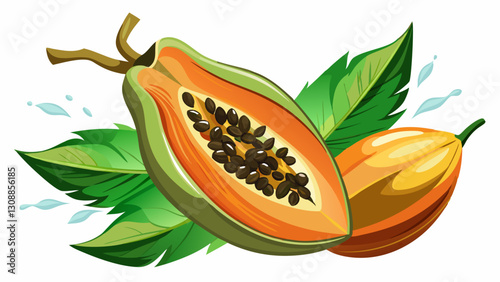 Papaya or Pawpaw (Carica papaya L.) flying isolated on white background.