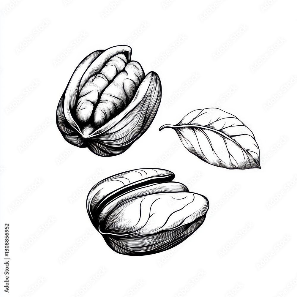 Fototapeta premium Continuous line art drawing of pecans, isolated on a white background.
