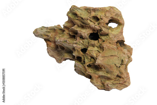 Rugged brown dragon stone with deep cavities and irregular shape isolated on transparent background. PNG transparency