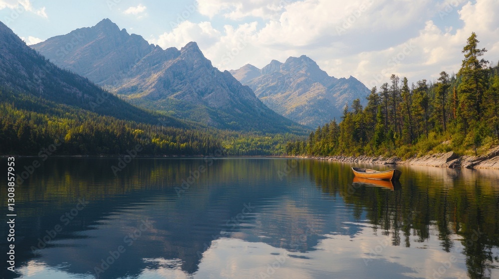 A serene lake surrounded by towering mountains features calm waters that mirror the landscape. An orange canoe rests quietly on the lake, inviting exploration in the tranquil setting A serene lake surrounded by towering mountains features calm waters that mirror the landscape. An orange canoe rests quietly on the lake, inviting exploration in the tranquil setting